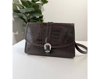 Brighton Vintage Mahogany Croc Embossed Leather Bag Western Buckle Brown