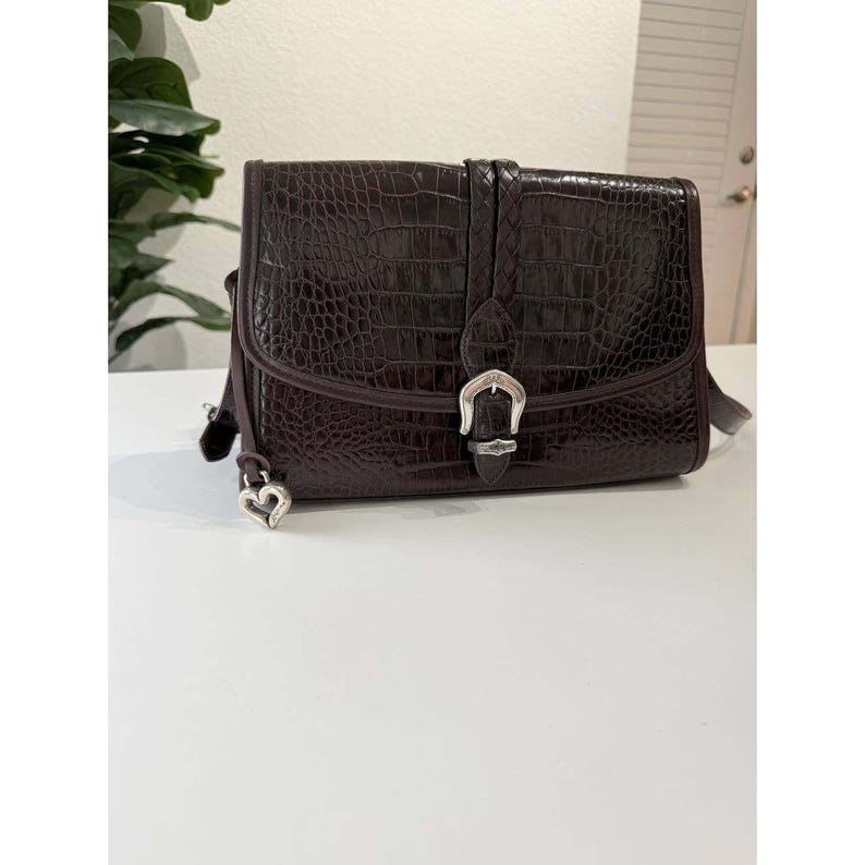 Brighton Vintage Mahogany Croc Embossed Leather Bag Western Buckle Brown image 2