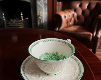 Vintage Wedgwood Teacup Set, Torbay Green Transferware 1950s