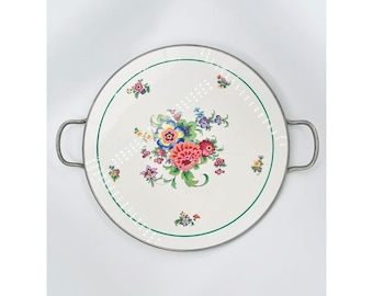 Vintage Floral Enamel Serving Tray Round Metal Tray w Handles Mid Century