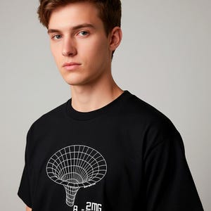 May include: Black t-shirt featuring a white graphic of a wormhole with the formula Rs = 2MG/C². The design is a scientific illustration. The shirt is a crew neck style.