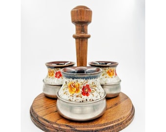 Vintage German Condiment Set Honey Mustard Marmalade Jars Pewter Wood Stand 7"