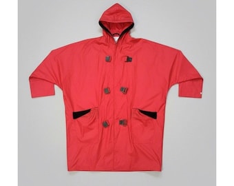 Vintage Pappagallo Red Vinyl Raincoat Hooded Buckle Jacket Oversized L XL