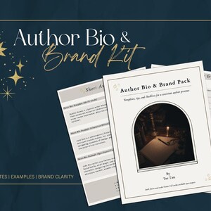 May include: A dark blue background with gold stars and text that reads "Author Bio & Brand Kit." The image features three white paper documents with text and a graphic of a candle and book. The bottom of the image reads "TEMPLATES | EXAMPLES | BRAND CLARITY."