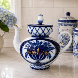 May include: A white porcelain teapot with a blue floral design and gold accents. The teapot has a unique stacked design with a lid and a spout. Two matching blue and white canisters labeled "SUGAR" and "TEA" are also visible.