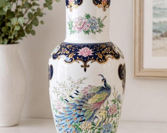 Vintage Japanese Peacock Porcelain Vase | Blue & White Floral Vase with Gold Gilt Accents | Japanese Decorative Home Decor