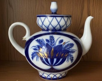 Vintage Lomonosov porseleinen theepot | Sint-Petersburg, Rusland | Kobaltblauwe en gouden theepot