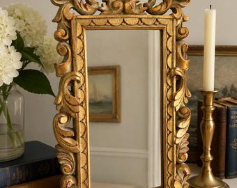 Vintage Ornate Gold Gilt Vanity Mirror | Hand Carved Baroque Tabletop Mirror | Hollywood Regency | Italian Florentine Style Decor