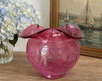 Signed Fenton Cranberry Pink Art Glass Vase | Vintage Hand Blown Swirl Glass Bowl | Ruffled Rim Decorative Vase | Collectible Fenton Glass