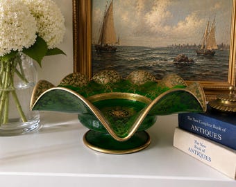 Vintage Emerald Green Pedestal Glass Bowl with Heavy Gold Enamel | Large Scalloped Centerpiece |