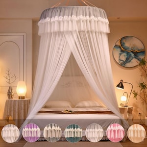 May include: A white canopy bed net with a grey top and white ruffled trim. The sheer fabric drapes down, creating a soft, romantic look. Several colour options for the trim are displayed at the bottom of the image.