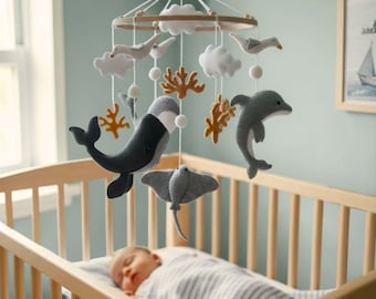Ocean-Themed Baby Mobile | Felt Crib Mobile with Whale, Dolphin & Sea Animals | Coastal Nursery Decor