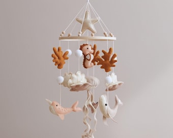 Ocean Baby Crib Mobile with Arm | Musical Nursery Hanging Toy | Seahorse Animal Mobile | Baby Cot Decor | Newborn Gift