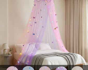 Princess Bed Canopy with Lights | Butterfly Tulle Mosquito Net for Girls' Bedroom