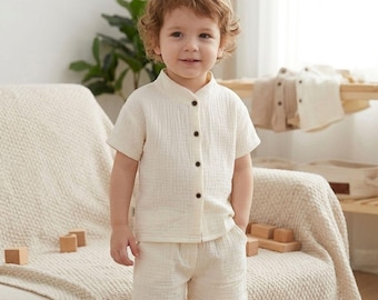 Katoenen short set babymousseline | Zomeroutfit voor peuters, crème gaasstof