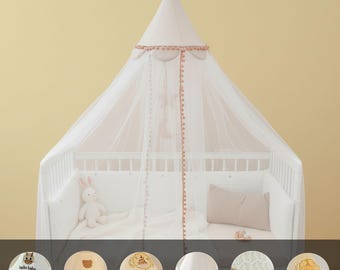 Dosel para cuna con ribete de pompones, mosquitera colgante tipo cúpula, dosel de cama de malla transpirable tipo panal, decoración para guardería, tienda de campaña para cama infantil.