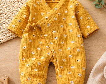 Soft Muslin Kimono Romper, Cotton Summer Baby Outfit, Short Sleeve Infant Jumpsuit