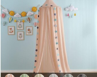 Kids Starry Bed Canopy | Pink Fabric Tent with Stars, Moon Decorations, Dreamy Nursery Hanging