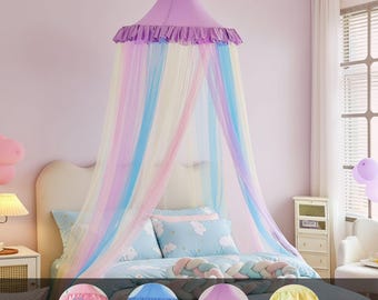 Rainbow Kids Bed Canopy – Colorful Polyester Mosquito Net, Princess Hanging Tent for Girls Room Decor