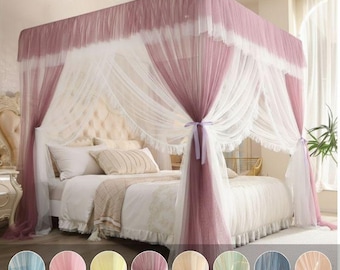Sheer Ruffled Canopy Bed Curtains | Dreamy Pink White Bedroom Decor
