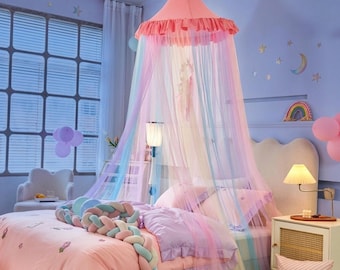 Rainbow Bed Canopy, Pastel Tulle Princess Tent, Girls Bedroom Decor, Reading Nook