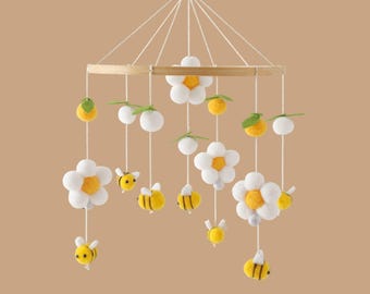 Bee and Flower Hanging Nursery Decor, Wooden Frame Felt Mobile for Kids Room