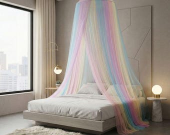 Dosel de cama de princesa arcoíris / Red colgante de cúpula redonda para decoración de dormitorio de niñas