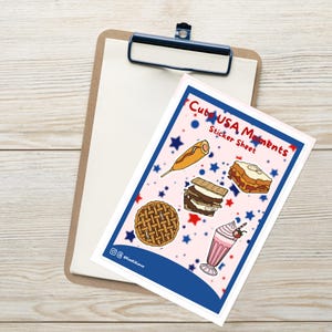 Hoja de pegatinas de American Treats: Perrito caliente, pastel, s'mores, sándwich de mantequilla de cacahuete y mermelada, batido (brillante)