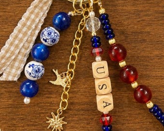4th of July Phone Charm - Bag Charm - Beaded Keychain Patriotic Purse Charm, Handmade Red White Blue Bag Charm, Fourth of July Accessory