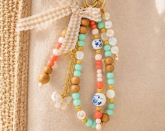 Handmade Coastal Cottagecore Bag Charm | Beaded Purse Charm | Phone Charm Accessory | Cute Gift for Her