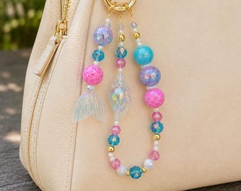Coastal Mermaid Bag Charm | Pink & Blue Beaded Phone Charm | Cute Purse Accessory
