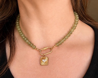 Green Aventurine Necklace | Handmade Gemstone Necklace | Choose Sun Moon Clover or Heart Charm | Gold Filled Jewelry | 18 Inch Necklace