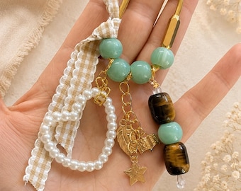 Tiger’s Eye Bag Charm | Handmade Purse Charm | Beaded Handbag Accessory | Gold-Plated Charm Keychain | Boho Bag Decoration | Gift for Her