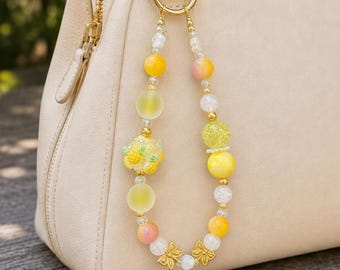 Sunny Citrus Beaded Bag Charm | Handmade Purse Charm | Yellow Beaded Handbag Accessory | Pineapple Charm | Cute Gift for Her