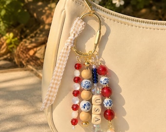 USA Patriotic Purse Charm, Handmade Red White Blue Bag Charm, Fourth of July Accessory, Americana Keychain Charm, Patriotic Gift for Her
