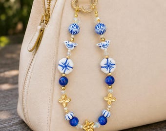 Blue Floral Phone Charm, Beaded Wrist Strap, iPhone Charm, Coquette Aesthetic, Handmade Bag Charm Gift