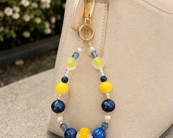 Blue & Yellow Beaded Bag Charm | Handmade Phone Charm | Floral Purse Charm | Cute Statement Accessor