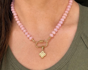 Rose Quartz Necklace, Pink Gemstone Necklace, Gold Filled Jewelry, Sun Moon Clover Charm, Front Clasp Necklace, Handmade Gift for Her