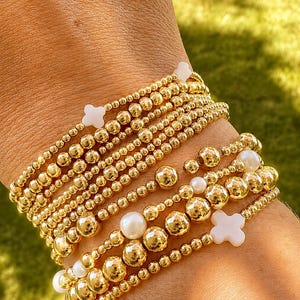 Pulseras de oro para combinar - Pulsera elástica de oro con cuentas - Crea tu propia combinación - Pulsera de oro de 18k - Pulseras de oro delicadas - Cuentas chapadas en oro