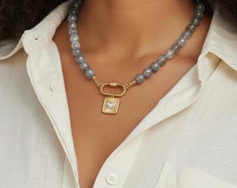 Labradorite Necklace with Charm Choice | Handmade Gemstone Necklace | Gold Filled Beaded Necklace | Moon Sun Clover Charm Jewelry