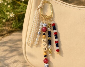 USA Patriotic Purse Charm, Handmade Red White Blue Bag Charm, Fourth of July Accessory, Americana Keychain Charm, Patriotic Gift for Her