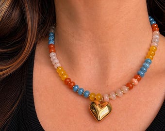 Colorful Beaded Necklace | Boutique Inspired Statement Jewelry | Optional Gold Heart Pendant