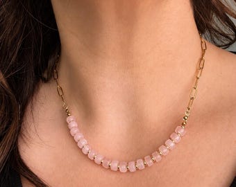 Rose Quartz Beaded Necklace | Handmade Gemstone Necklace | 16” with 2” Extender