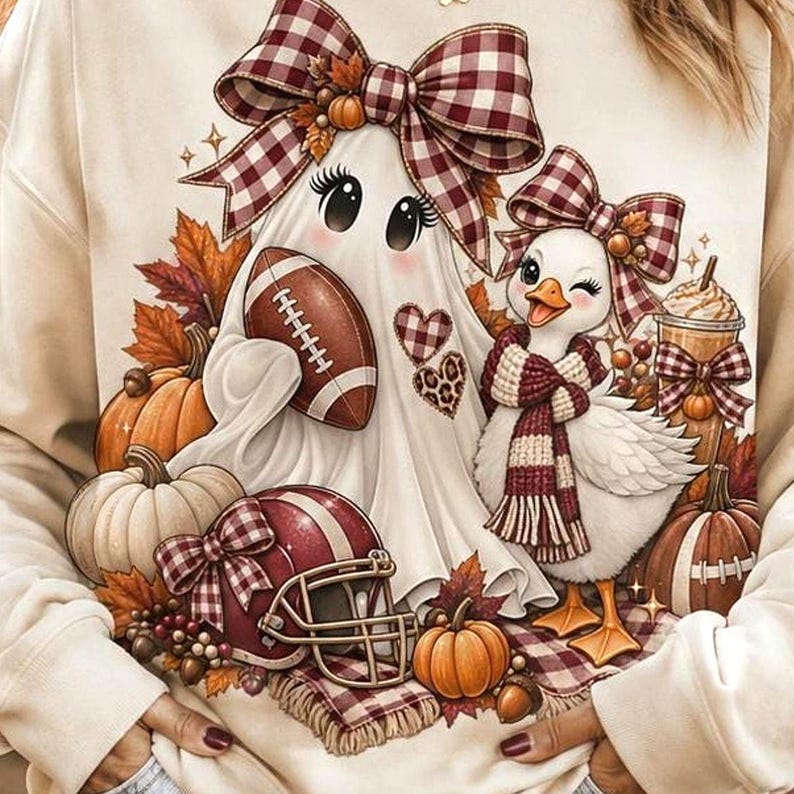 A smiling person in a beige sweatshirt with a football-themed ghost and duck graphic standing among pumpkins outdoors.