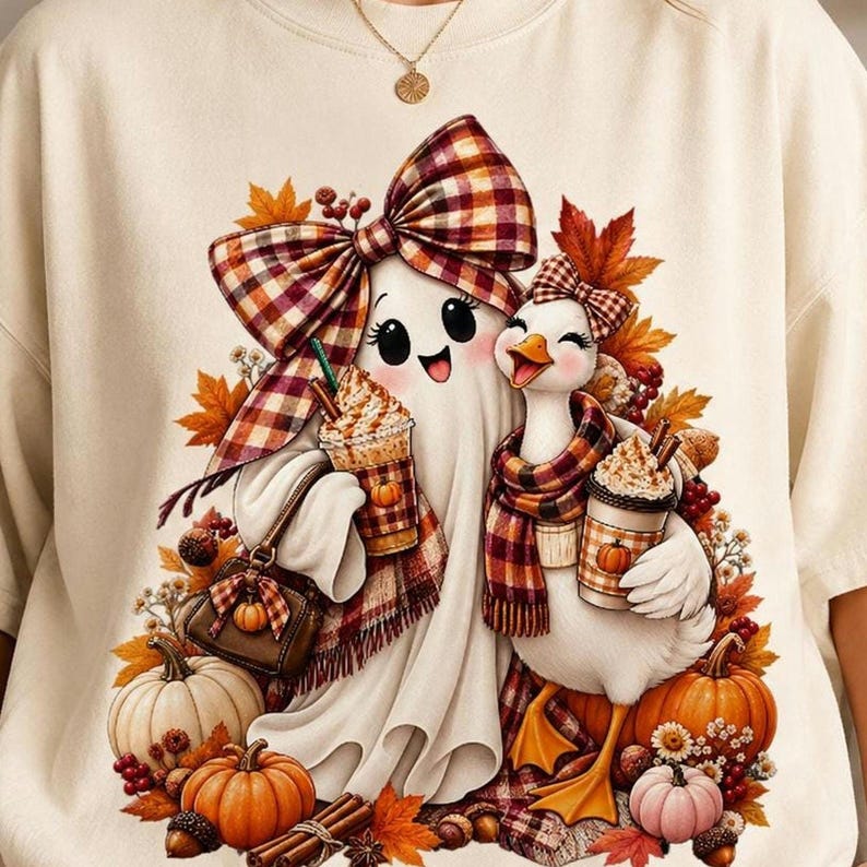 A person wearing a beige t-shirt featuring a ghost and a duck with coffee cups, plaid bows, and pumpkins.