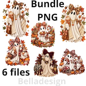 May include: A digital bundle of six PNG files featuring illustrations of ghosts and geese decorated with autumn elements like pumpkins, fall leaves, plaid bows, and coffee cups. The text Bundle PNG and 6 files Belladesign is visible.