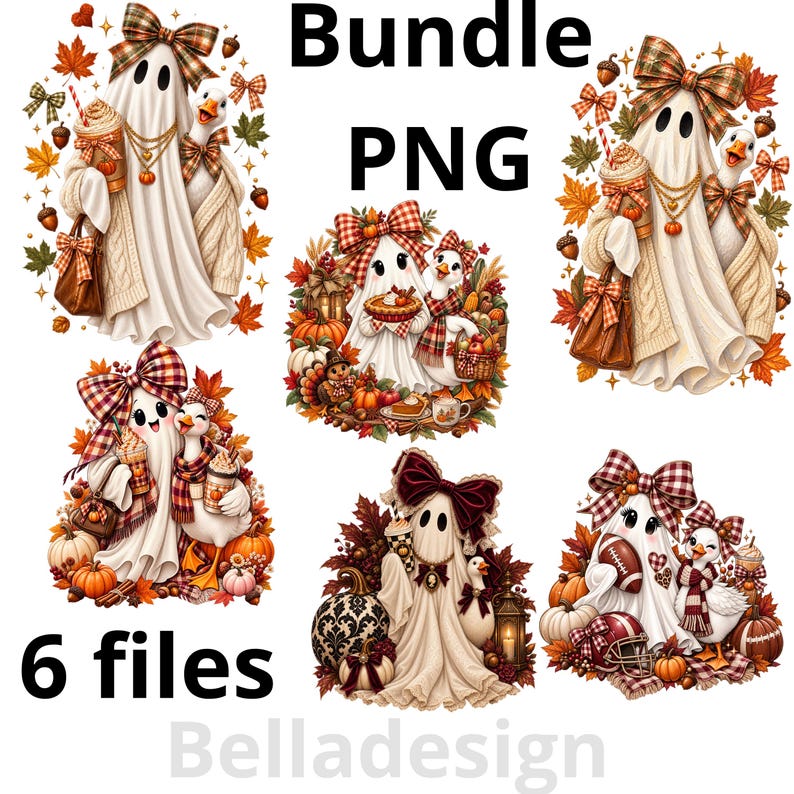 May include: A digital bundle of six PNG files featuring illustrations of ghosts and geese decorated with autumn elements like pumpkins, fall leaves, plaid bows, and coffee cups. The text Bundle PNG and 6 files Belladesign is visible.
