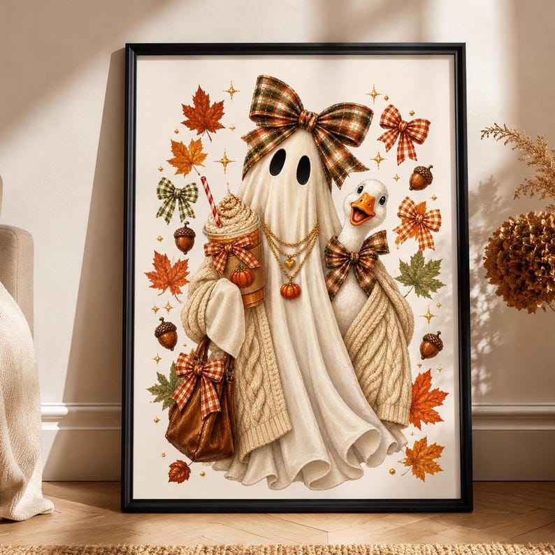 Preppy Ghost PNG, Plaid Bow Ghost, Fall Goose PNG, Pumpkin Latte Ghost  Design, Cozy Autumn Sweater Ghost, Halloween Sublimation Design, Fall  Shirt Graphic featuring a preppy ghost in a plaid bow and cozy knit  sweater, holding a pumpkin spice latte and a gingham handbag, alongside  a matching goose with its own plaid bow.