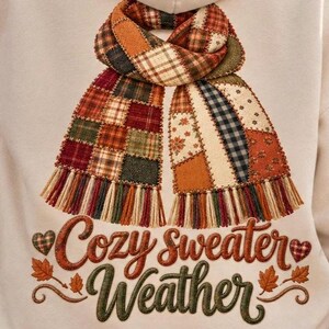 Cozy Sweater Weather PNG, Faux Patchwork Fall PNG, Autumn Scarf Sublimation Design,