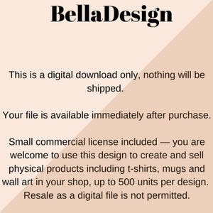 An informational graphic with the brand name BellaDesign at the top, stating that this is a digital download with a small commercial license included.